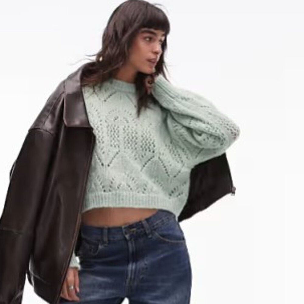 Topshop Open Knit  Textured Crewneck Sweater Mint Green Women 12 NWT Gift Ready